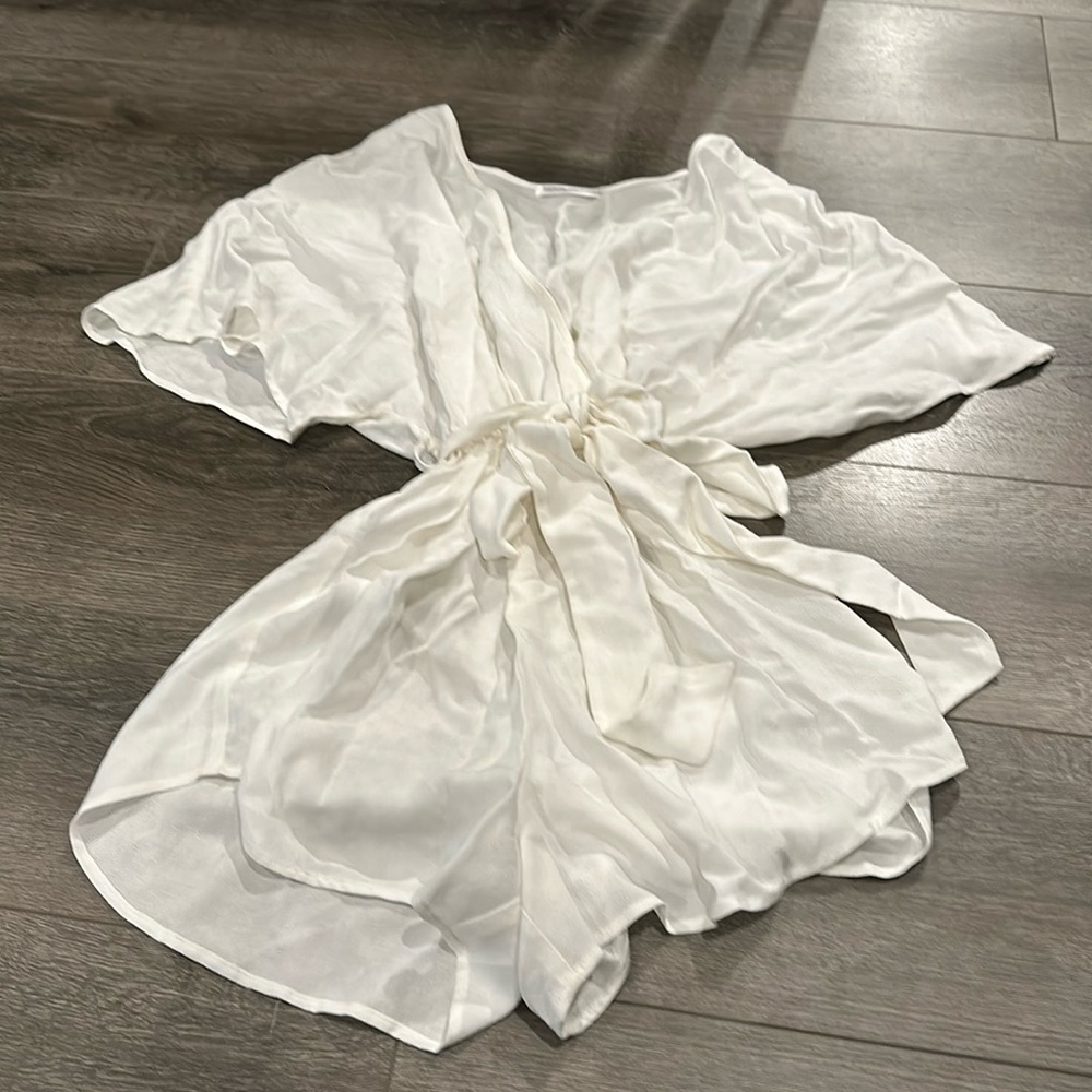 Fortune swimwear white romper with tie waist and snap front closure
